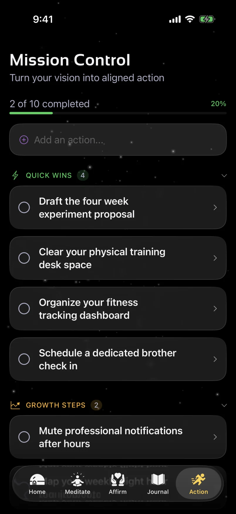 Noesis Action screen with a personal weekly plan