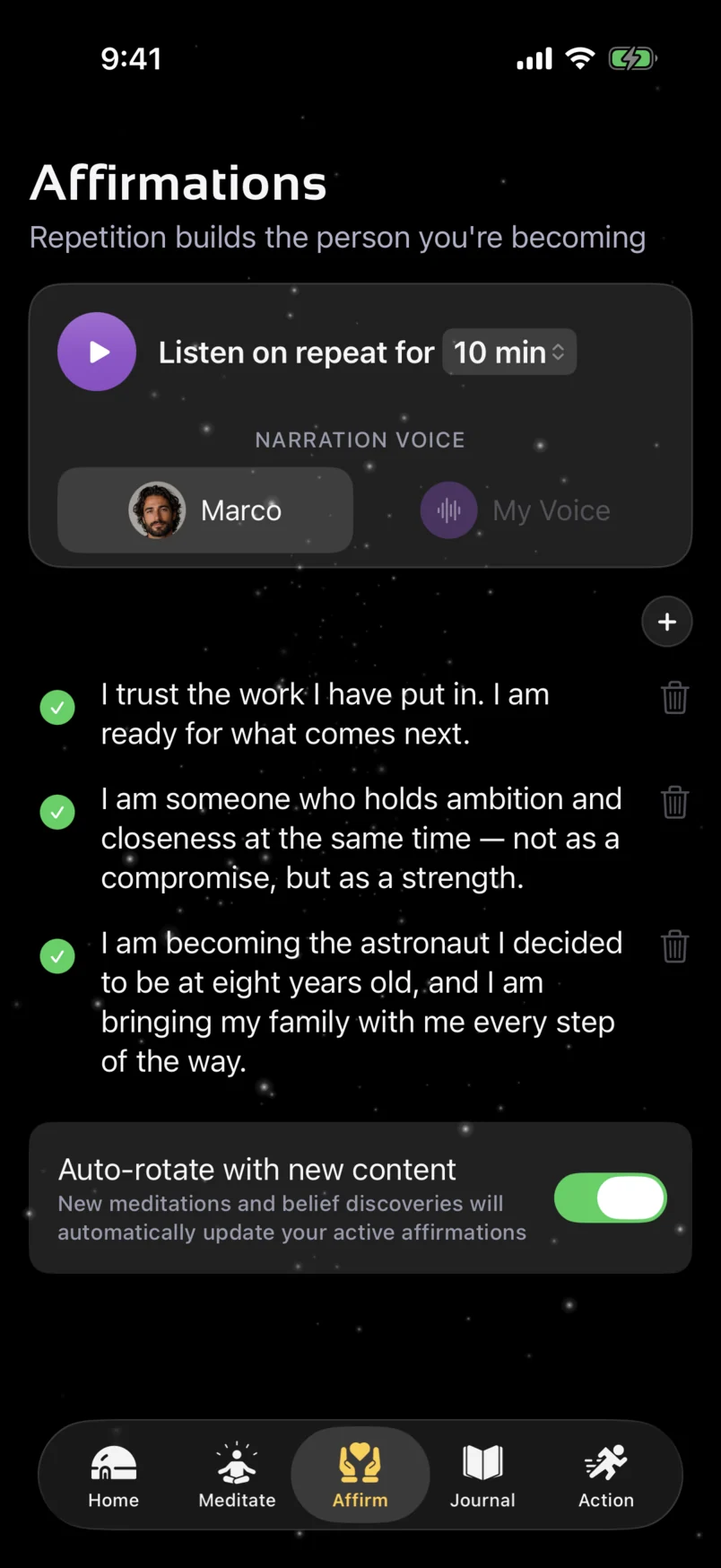 Noesis Affirmations with believable personal statements and voice playback
