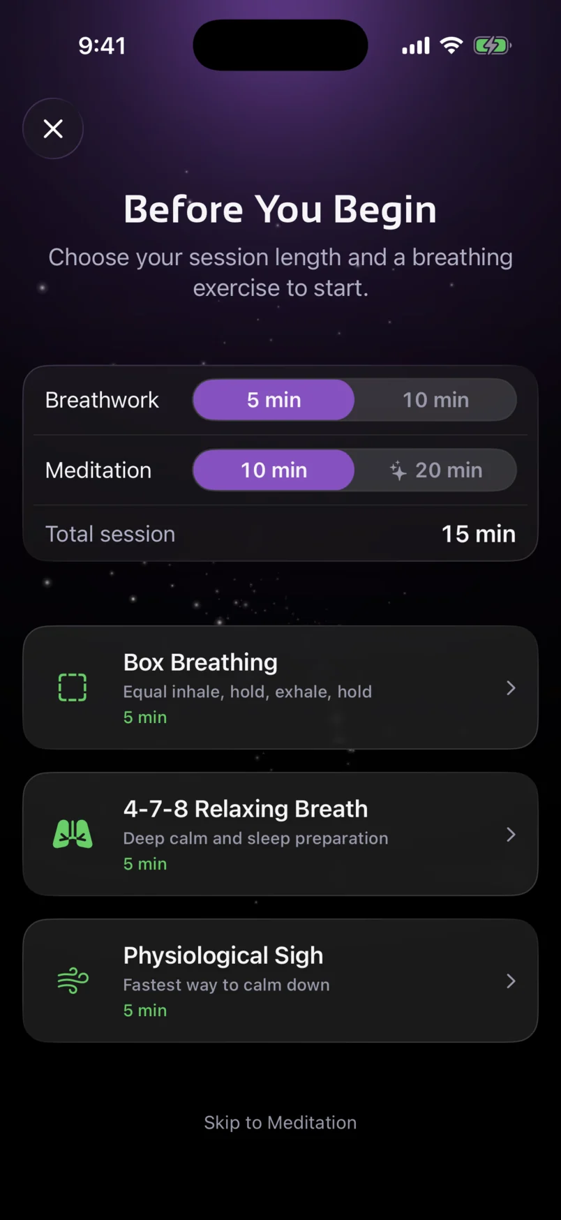 Meditation setup screen for choosing breathwork and meditation duration before a personalized session