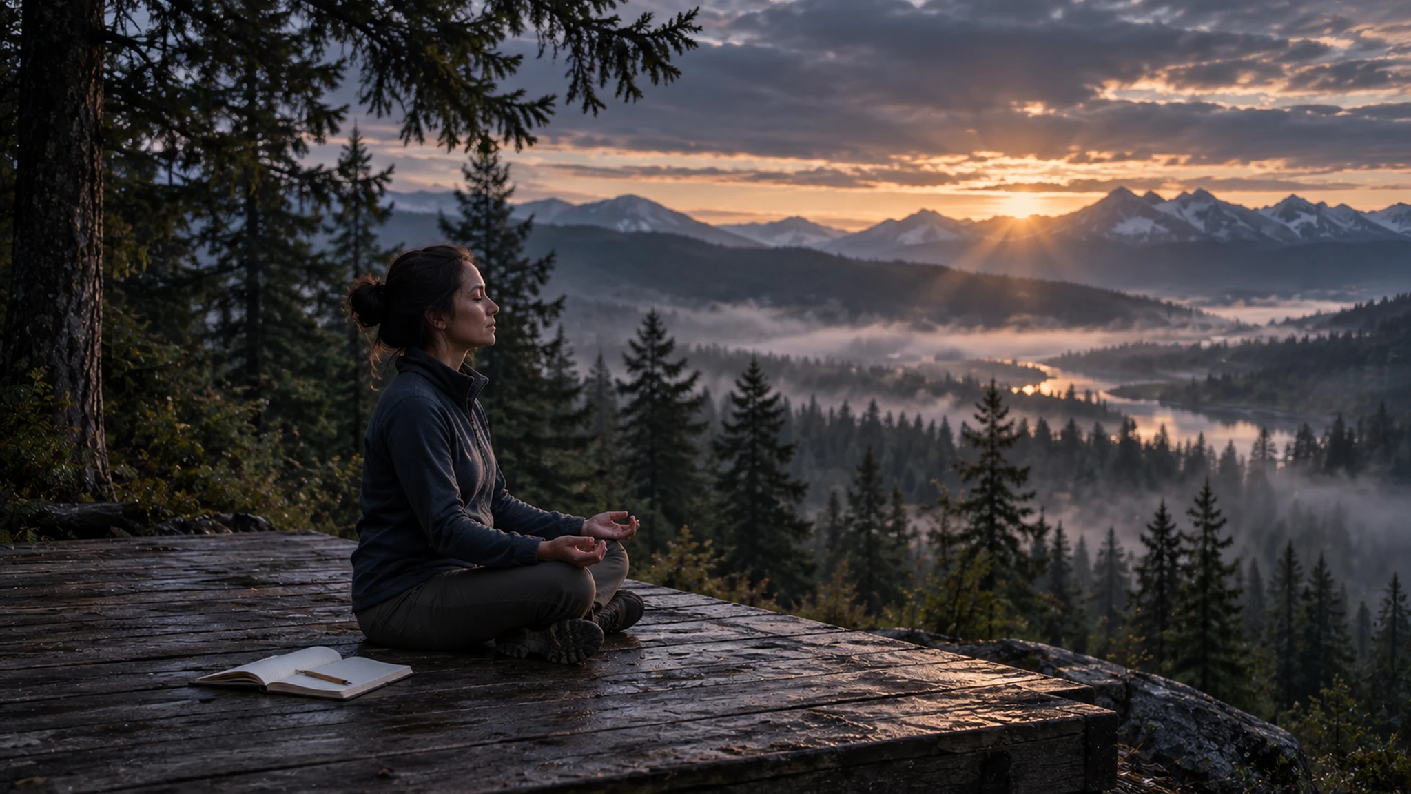 A woman meditating on a wooden platform above a misty forest valley at sunrise, with a journal beside her.
